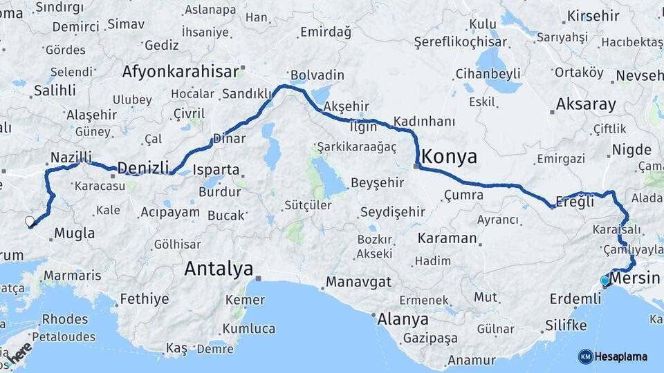 Mersin Yatağan Muğla Arası Kaç Km - Yol Haritası