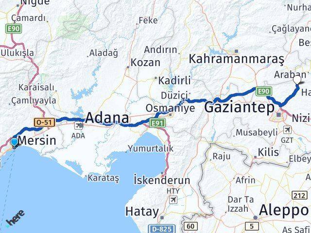 Mersin Yavuzeli Gaziantep Arası Kaç Km - Yol Haritası