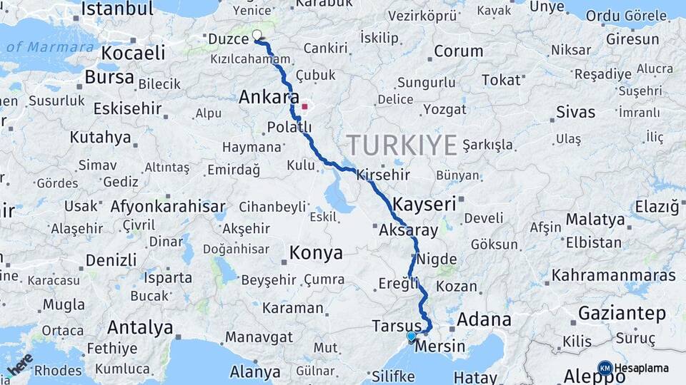 Mersin Yeniçağa Bolu Arası Kaç Km - Yol Haritası