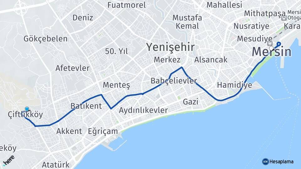 Mersin Yenişehir Çiftlikköy Arası Kaç Km - Yol Haritası