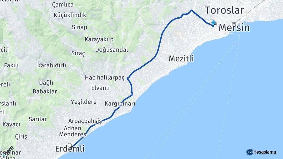 Mersin Yenişehir Erdemli Arası Kaç Km - Yol Haritası