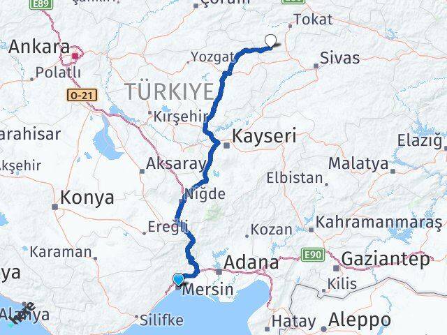 Mersin Yeşilyurt Tokat Arası Kaç Km - Yol Haritası