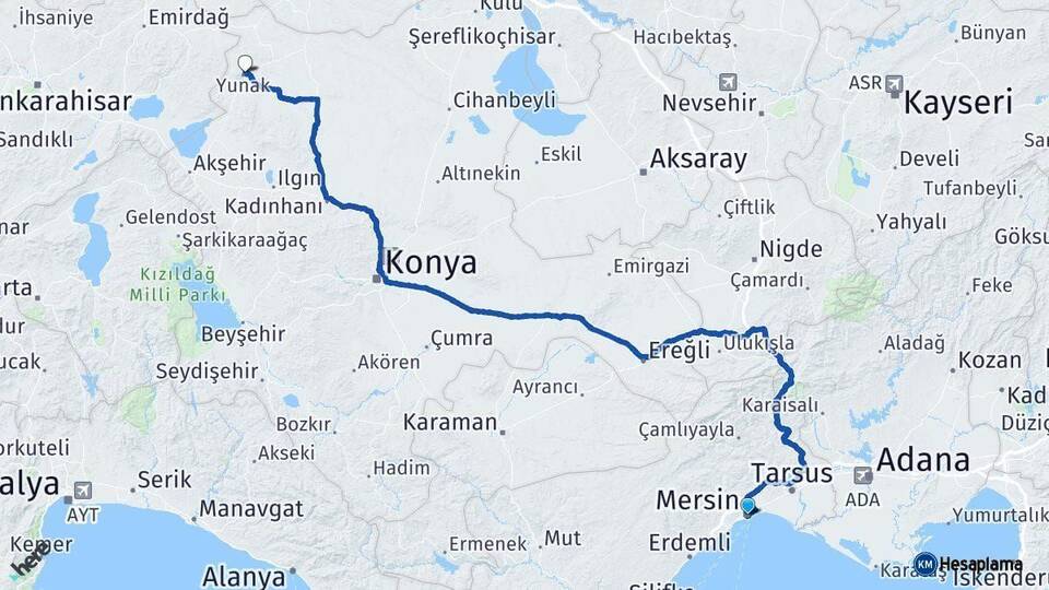 Mersin Yunak Konya Arası Kaç Km - Yol Haritası