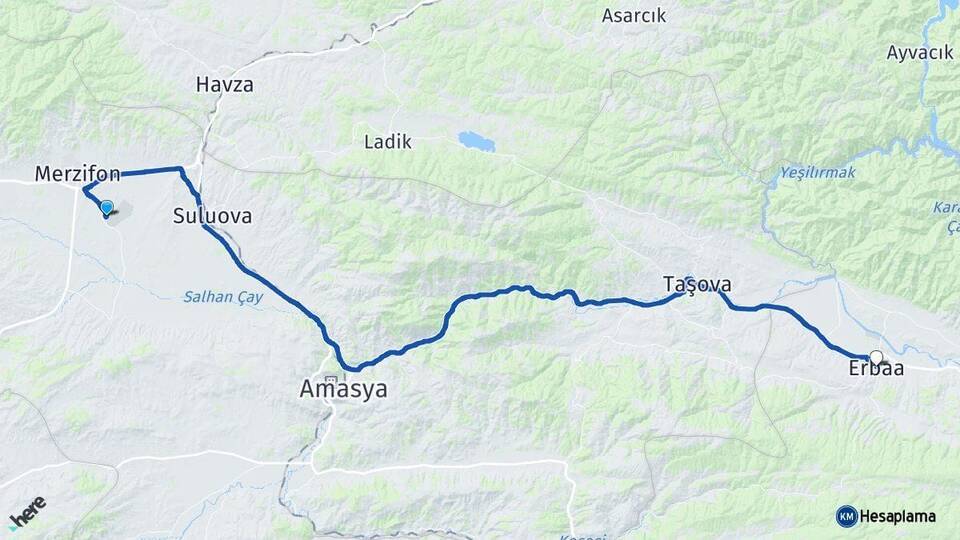 Merzifon Havalimanı Erbaa Arası Kaç Km - Yol Tarifi