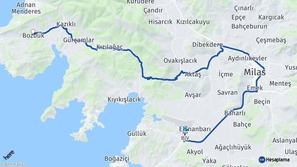 Milas Bodrum Havalimanı Bozbük Milas Muğla Arası Kaç Km - Yol Haritası
