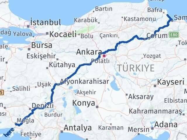 Muğla 19 Mayıs Samsun Arası Kaç Km - Yol Haritası