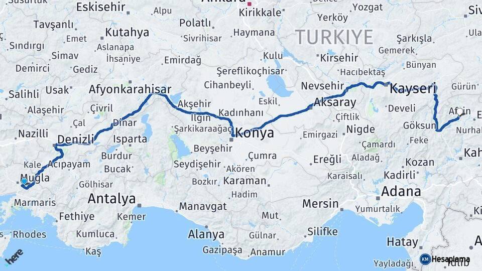 Muğla Afşin Kahramanmaraş Arası Kaç Km - Yol Haritası