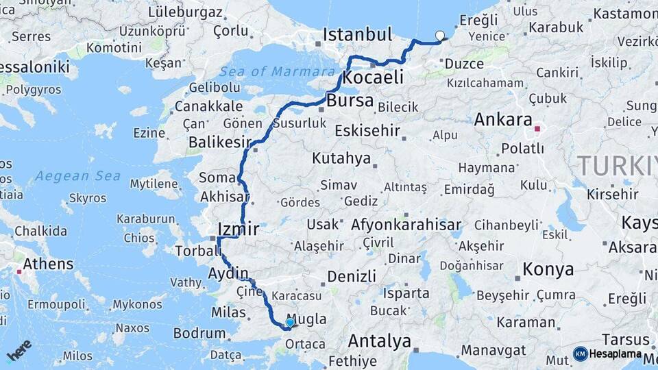 Muğla Akçakoca Düzce Arası Kaç Km - Yol Haritası