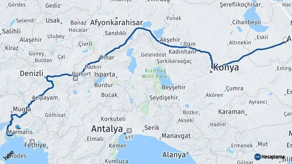 Muğla Aksaray Arası Kaç Km - Yol Haritası