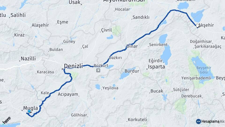 Muğla Akşehir Konya Arası Kaç Km - Yol Haritası