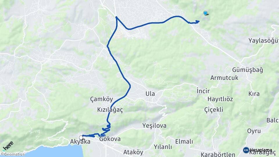 Muğla Akyaka Ula Arası Kaç Km - Yol Haritası