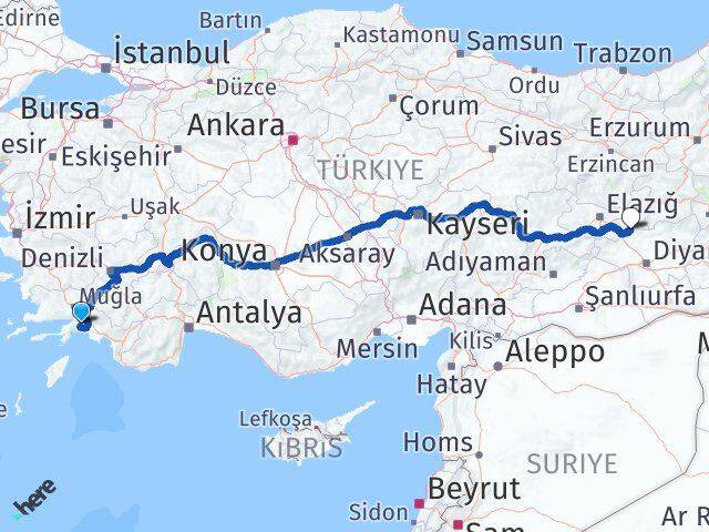 Muğla Alacakaya Elazığ Arası Kaç Km - Yol Haritası