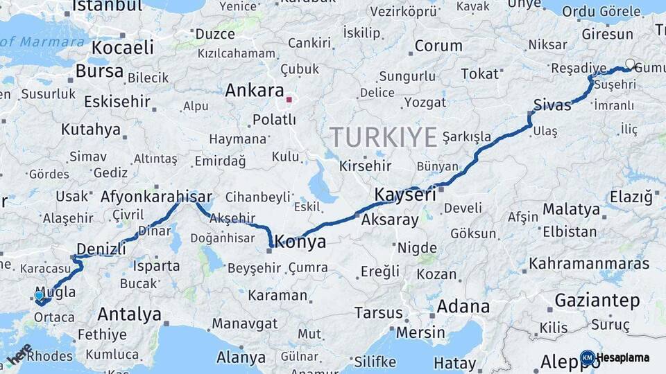 Muğla Alucra Giresun Arası Kaç Km - Yol Haritası