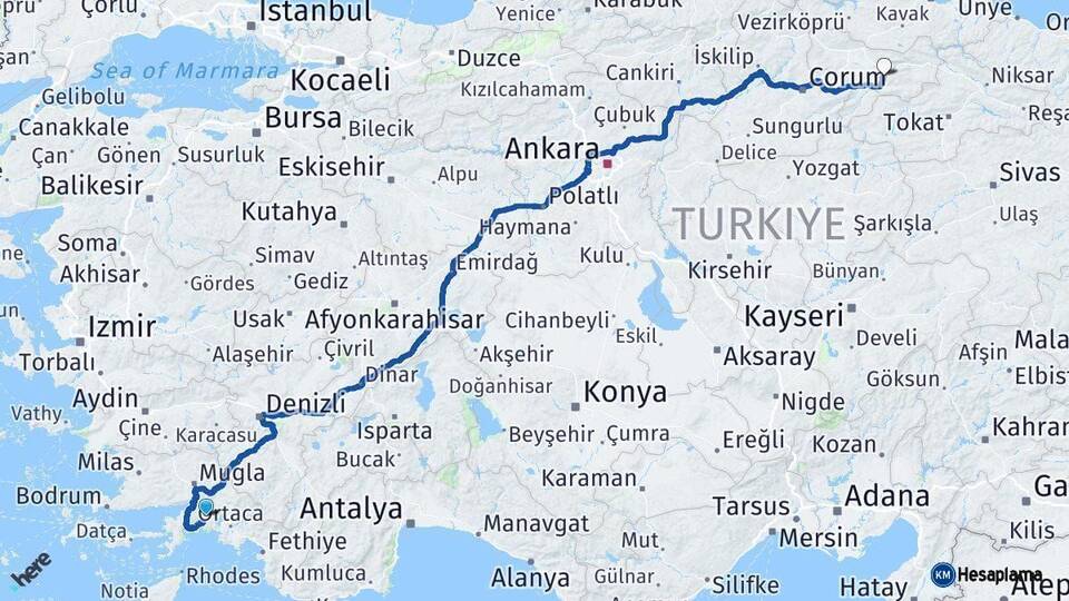 Muğla Amasya Arası Kaç Km - Yol Haritası
