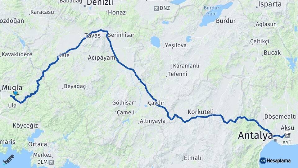 Muğla Antalya Havalimanı Arası Kaç Km - Yol Haritası