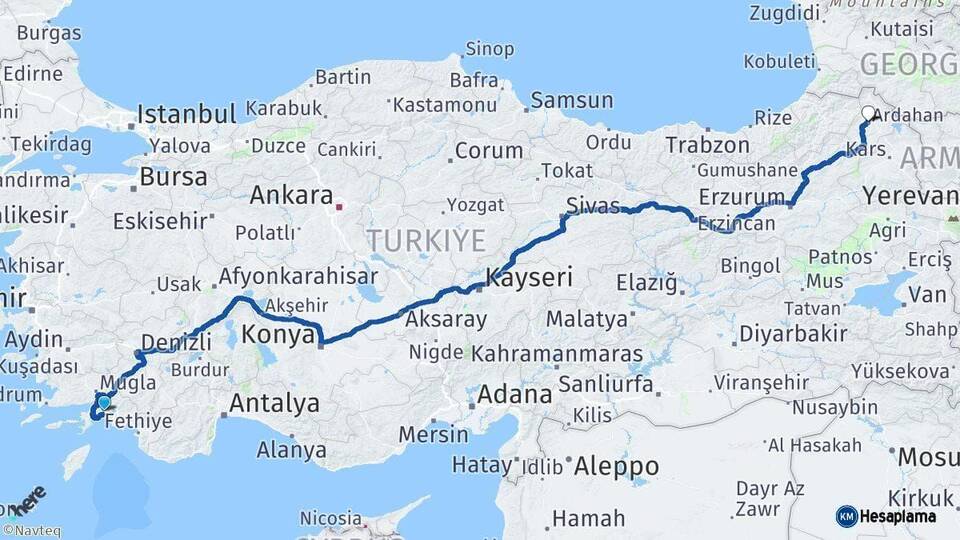 Muğla Ardahan Arası Kaç Km - Yol Haritası