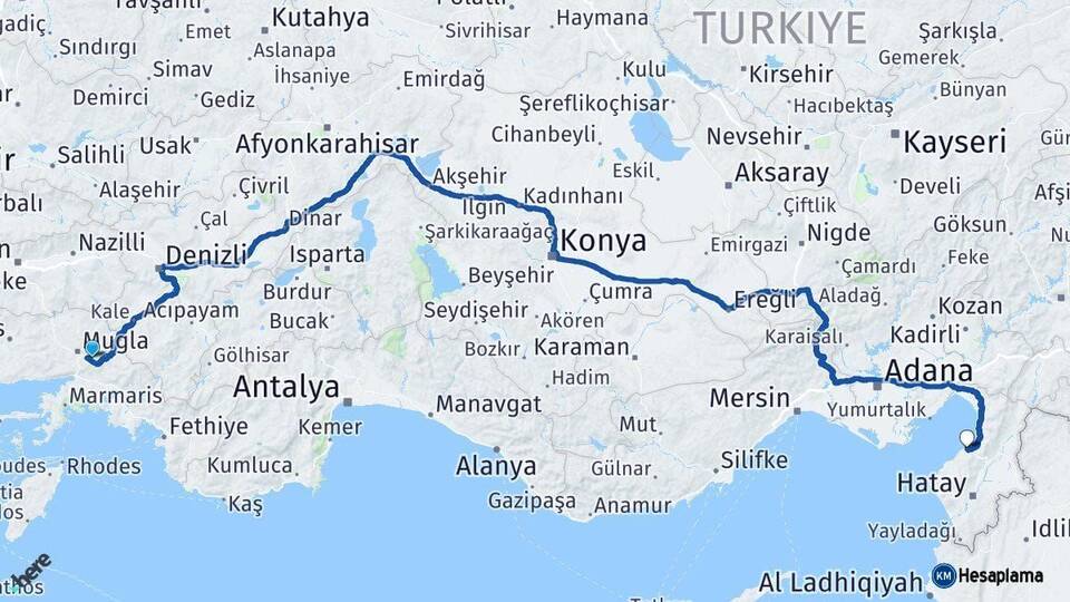 Muğla Arsuz Hatay Arası Kaç Km - Yol Haritası