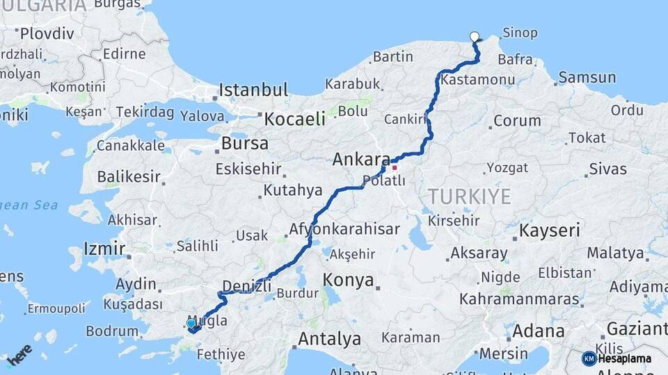 Muğla Ayancık Sinop Arası Kaç Km - Yol Haritası
