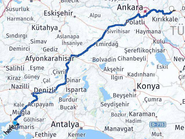 Muğla Balışeyh Kırıkkale Arası Kaç Km - Yol Haritası