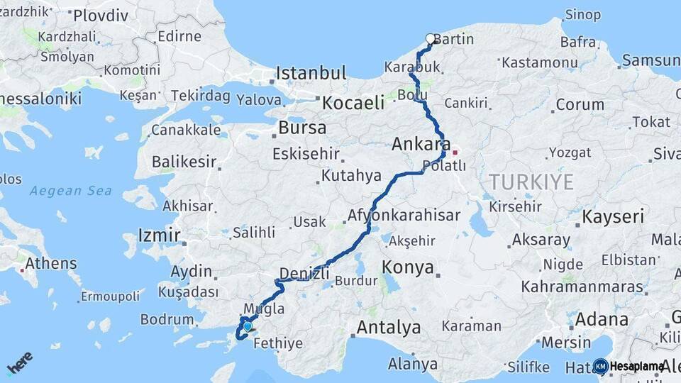 Muğla Bartın Arası Kaç Km - Yol Haritası