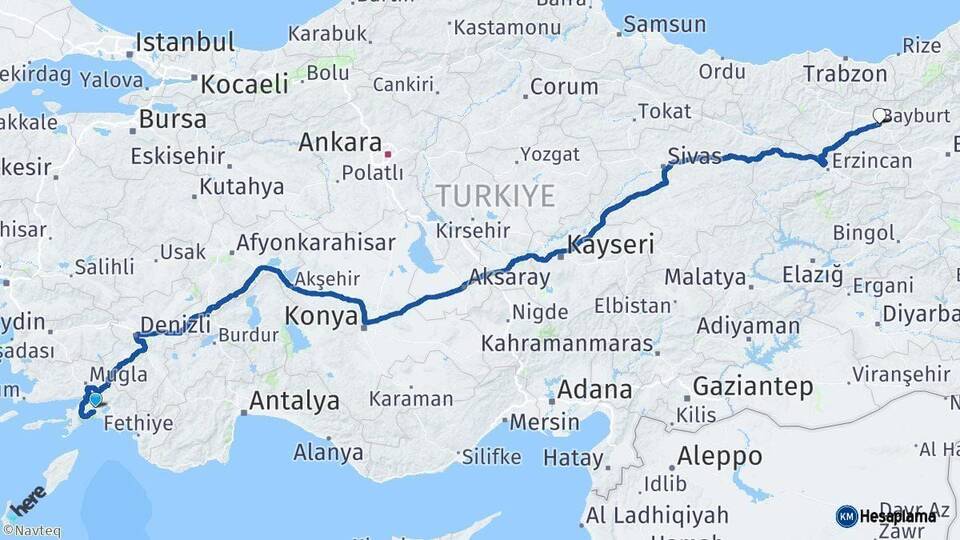 Muğla Bayburt Arası Kaç Km - Yol Haritası