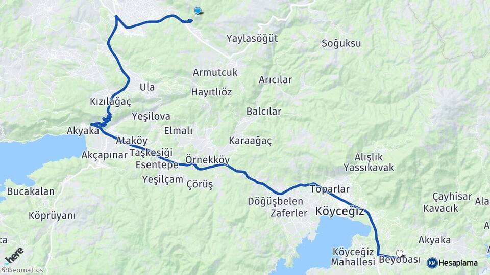 Muğla Beyobası Köyceğiz Arası Kaç Km - Yol Haritası