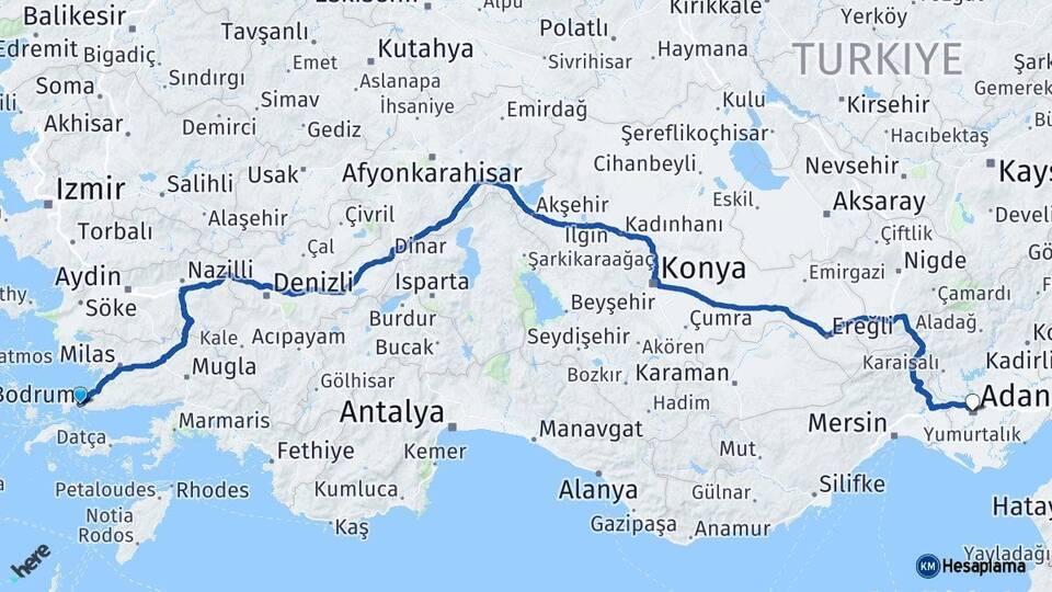 Muğla Bodrum Adana Arası Kaç Km - Yol Haritası