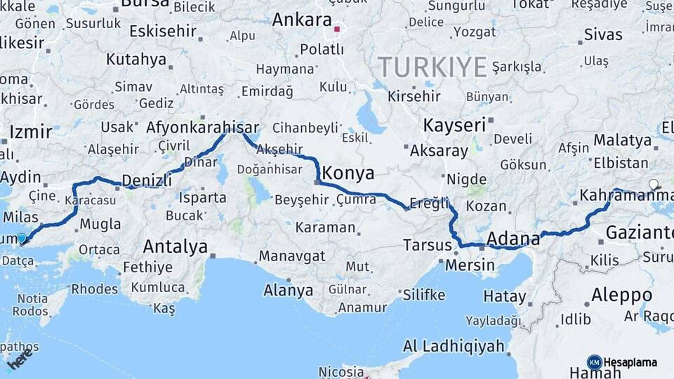 Muğla Bodrum Adıyaman Arası Kaç Km - Yol Haritası