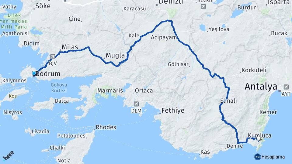 Muğla Bodrum Adrasan Kumluca Antalya Arası Kaç Km - Yol Haritası