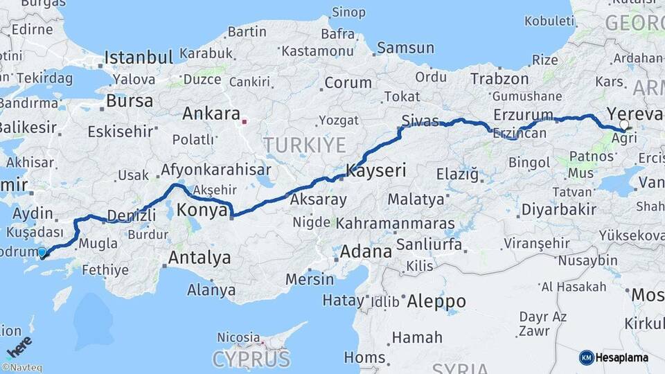 Muğla Bodrum Ağrı Arası Kaç Km - Yol Haritası