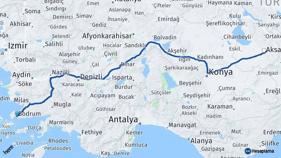 Muğla Bodrum Aksaray Arası Kaç Km - Yol Haritası