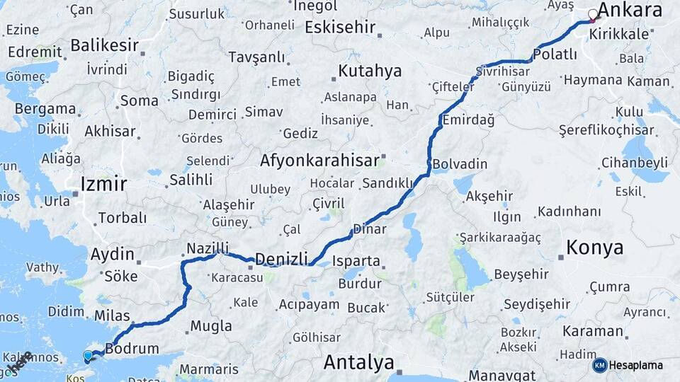 Muğla Bodrum Akyarlar Ankara Arası Kaç Km - Yol Haritası