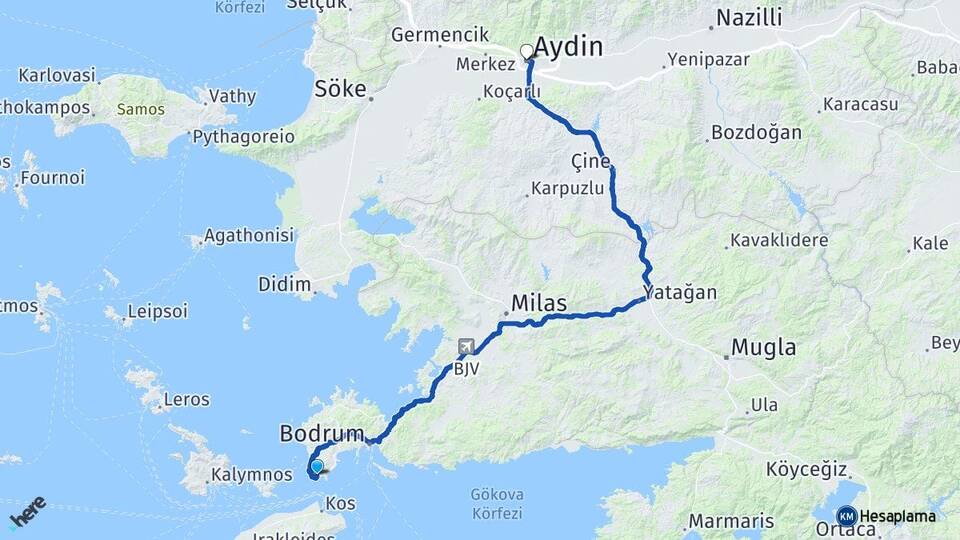 Muğla Bodrum Akyarlar Aydın Arası Kaç Km - Yol Haritası
