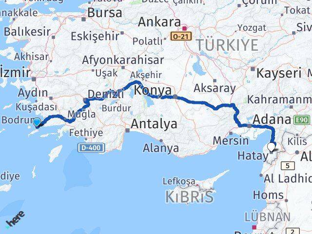 Muğla Bodrum Akyarlar Hatay Arası Kaç Km - Yol Haritası