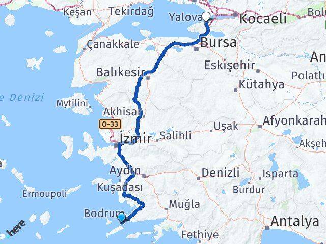 Muğla Bodrum Akyarlar Yalova Arası Kaç Km - Yol Haritası
