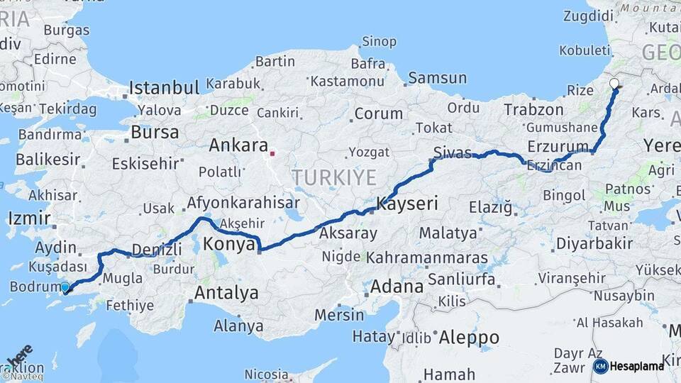 Muğla Bodrum Artvin Arası Kaç Km - Yol Haritası