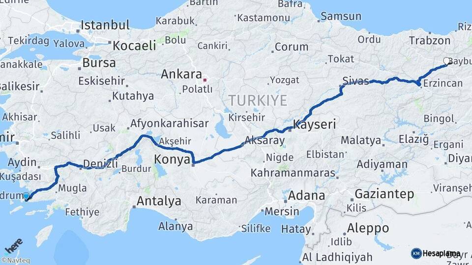 Muğla Bodrum Bayburt Arası Kaç Km - Yol Haritası