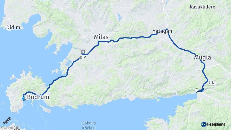 Muğla Bodrum Bitez Akyaka Ula Arası Kaç Km - Yol Haritası