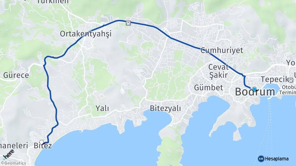 Muğla Bodrum Bitez Bodrum Arası Kaç Km - Yol Haritası