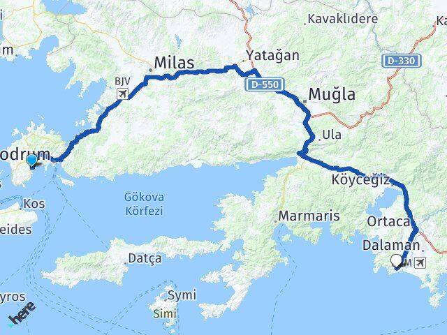 Muğla Bodrum Bitez Sarıgerme Ortaca Arası Kaç Km - Yol Haritası