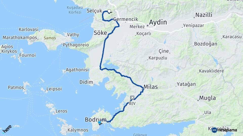 Muğla Bodrum Bitez Şirince Selçuk İzmir Arası Kaç Km - Yol Haritası