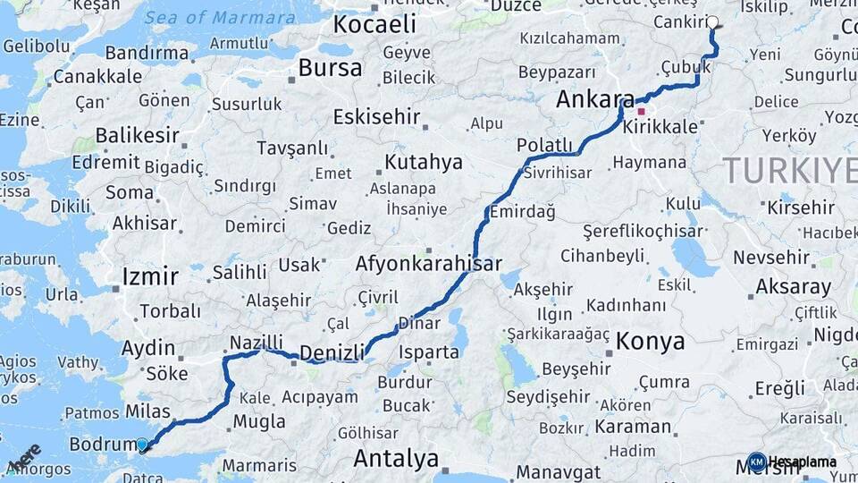 Muğla Bodrum Çankırı Arası Kaç Km - Yol Haritası