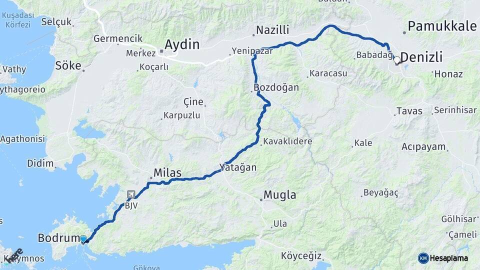 Muğla Bodrum Denizli Arası Kaç Km - Yol Haritası