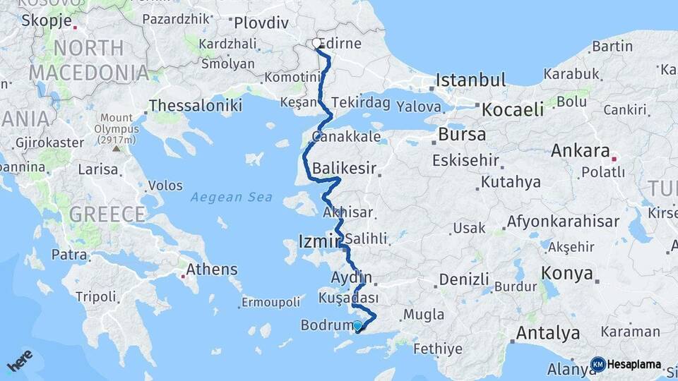 Muğla Bodrum Edirne Arası Kaç Km - Yol Haritası