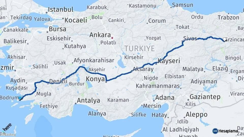 Muğla Bodrum Erzincan Arası Kaç Km - Yol Haritası