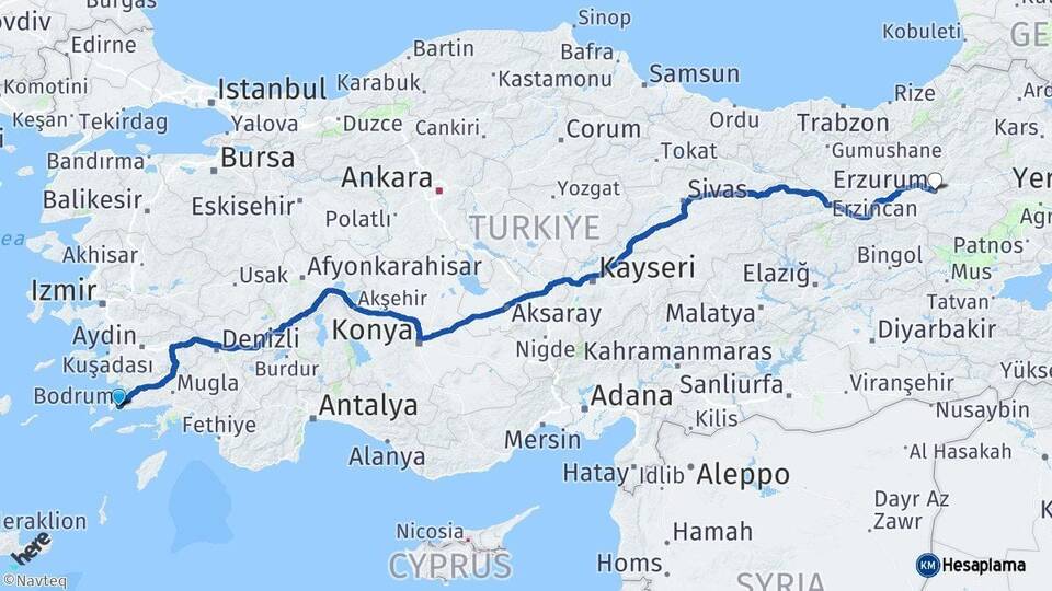 Muğla Bodrum Erzurum Arası Kaç Km - Yol Haritası