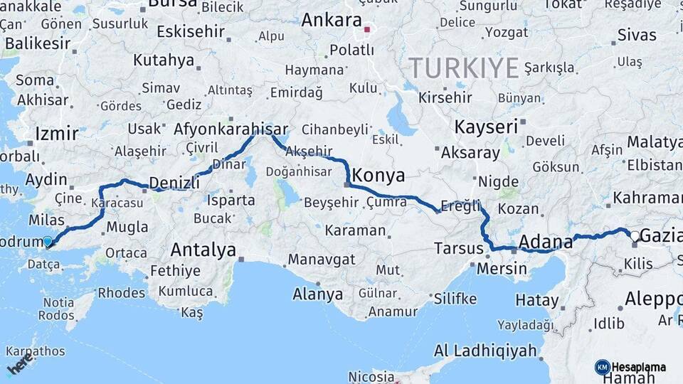 Muğla Bodrum Gaziantep Arası Kaç Km - Yol Haritası