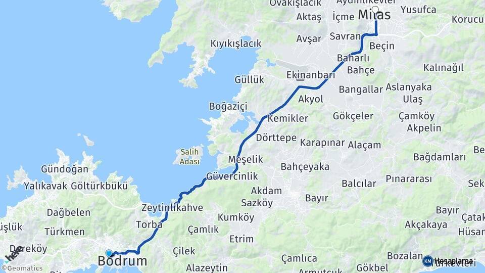 Muğla Bodrum Gümbet Milas Arası Kaç Km - Yol Haritası