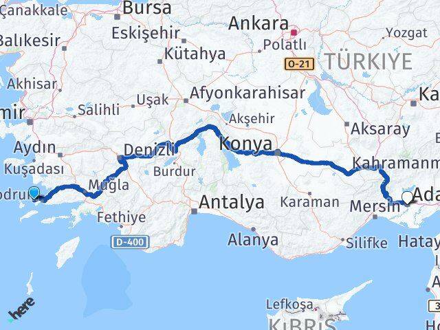 Muğla Bodrum Gümüşlük Adana Arası Kaç Km - Yol Haritası