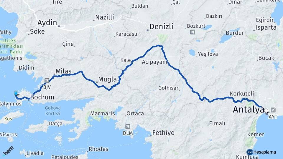 Muğla Bodrum Gümüşlük Antalya Arası Kaç Km - Yol Haritası